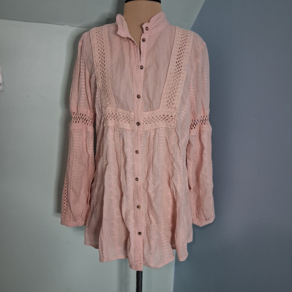 XCVI Dusty Pink Cotton Gauze Crochet Lace Embroidered Boho Tunic Blouse Small